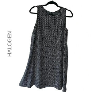 HALOGEN | NWOT | SLEEVELESS POLKA DOT NAVY BLUE WHITE SWING DRESS | SIZE: SMALL